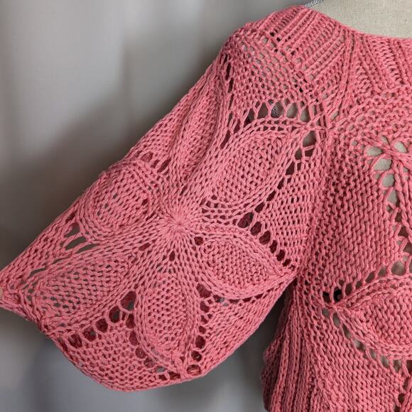 Vintage Chaudry KC Floral Open Knit Boho Crochet Sweater Pink - Picture 8 of 11